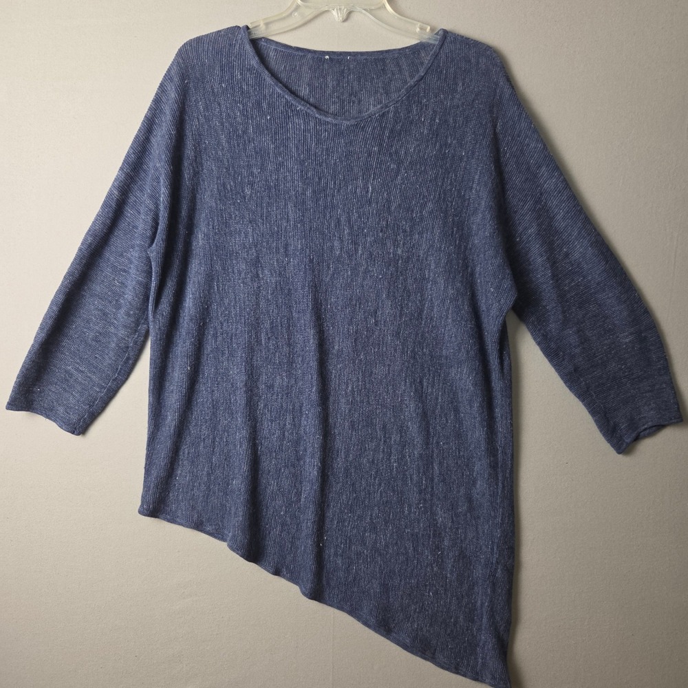 Eileen Fisher Blue 100% Linen Asymmetrical Hem 3/4 Sleeve Tunic Top